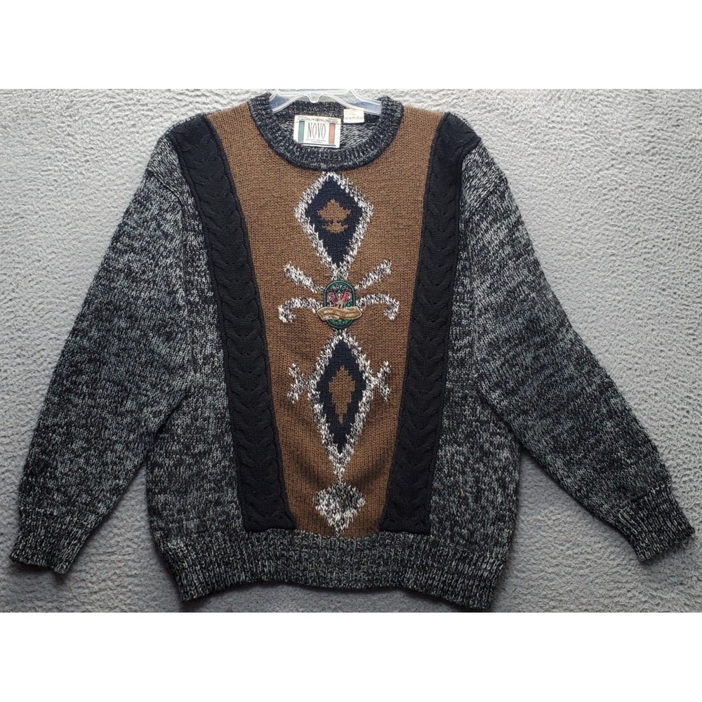 Vintage Novo Sweater Mens Large Multi Geometric Wool Blend Cable Knit Crew Neck